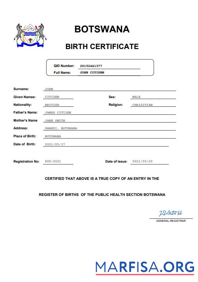 Printable Botswana birth certificate Word and PDF template